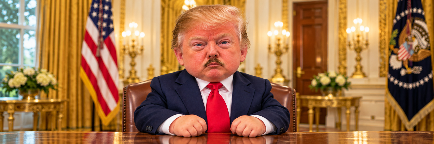 Moustache Trump seated at the desk in the gold room